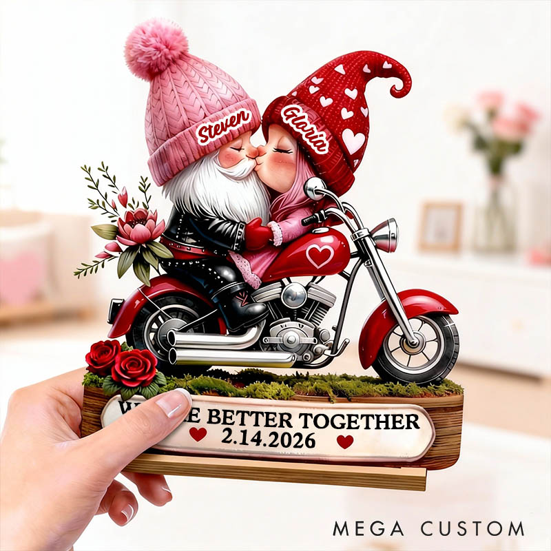 Personalized Valentines Day 3D Effect Gnome Couple Riding Red Motorcycle Standing Wooden Plaque Custom Sweet Gnome Couple Plaque Anniversary Gift