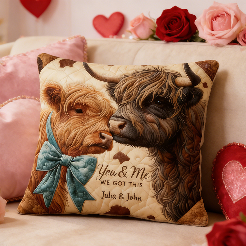 Personalized Highland Cow Design with Names Couple Throw Pillow Romantic Anniversaries Gift for Husband Wife Valentine's Day Gift