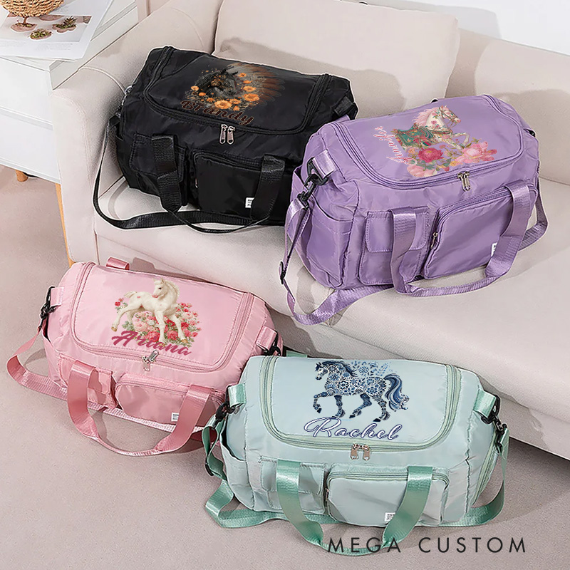 Personalized Horse Riding Duffle Bag Waterproof Equestrian Multi Compartment Travel Bag with Name and Shoulder Strap Travel Accessories Birthday Gift for Women Girls Overnight Bag Gift for Horse Lovers Riding Lovers Equestrian Lovers