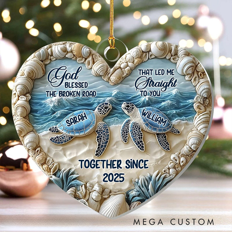 Personalized God Blessed the Broken Road Sea Turtle Couple Heart Acrylic Ornament with Name Christian Gift Valentine's Day Gift for Couple 