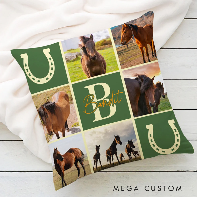 Personalized Nine Square Grid Photo Horseshoe Soft Throw Pillow Cover with Name and Initial Home Decor Equestrian Game Day Gift for Horse Lovers