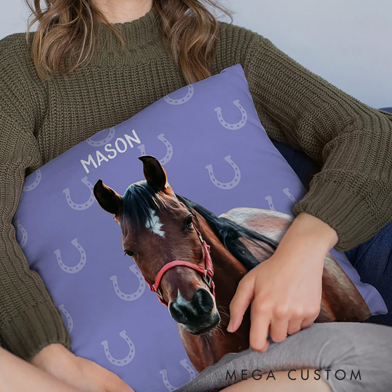 Personalized Horseshoe Horse Face Photo Throw Pillow Cover with Name Home Decor Birthday Anniversary Gift for Horse Owner Lover Equestrian Lovers