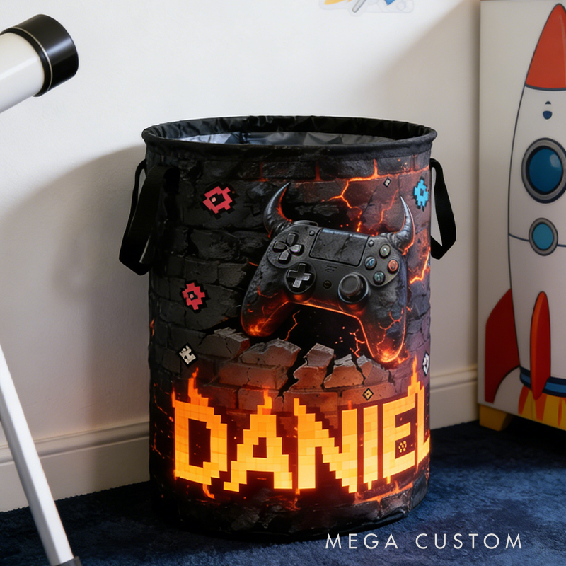 Personalized Retro Flame Game Controller Collapsible Storage Basket for Laundry Toys Organizer Game Lover Gift for Kids