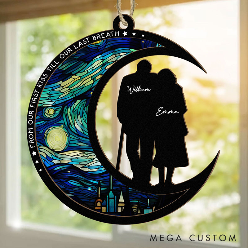 Personalized Couple From Our First Kiss Till Our Last Breath Suncatcher Moon Shaped Starry Night Style Window Decor Anniversary Valentines Day Gift