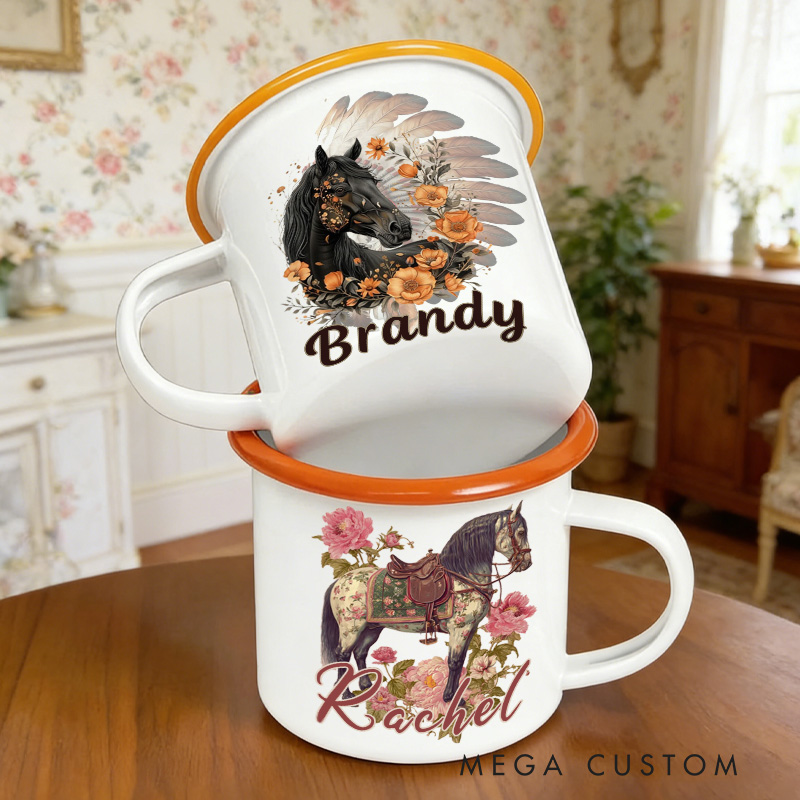Personalized Floral Horse Equestrian Enamel Mug Watercolor Flower Insulated Travel Coffee Cup with Name Birthday Christmas Gift for Kids Girls Rider Horse Gift Riding Equestrian Lovers