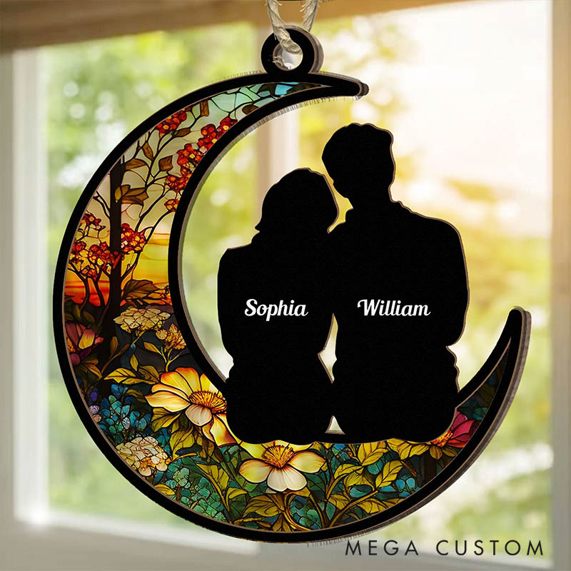 Personalized Couple Silhouette Love To The Moon and Back Suncatcher Custom Moon Shaped Floral Style Window Decor Anniversary Gift Valentines Day Gift