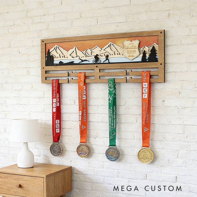 Personalized Custom Wood Triathlon Medal Holder with Mountain Art – Wall Decor for Race Medals (Bike/Run/Swim)