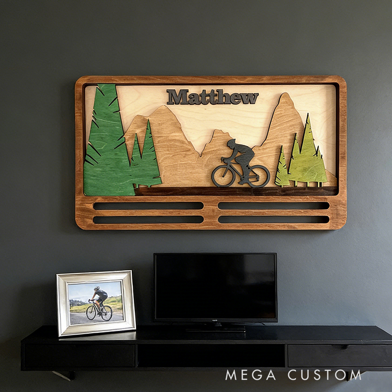 Personalized Cycling Medal Holder – Custom Wood Wall Decor for Bike Race Medals (Engraved Name & Mountain Design)