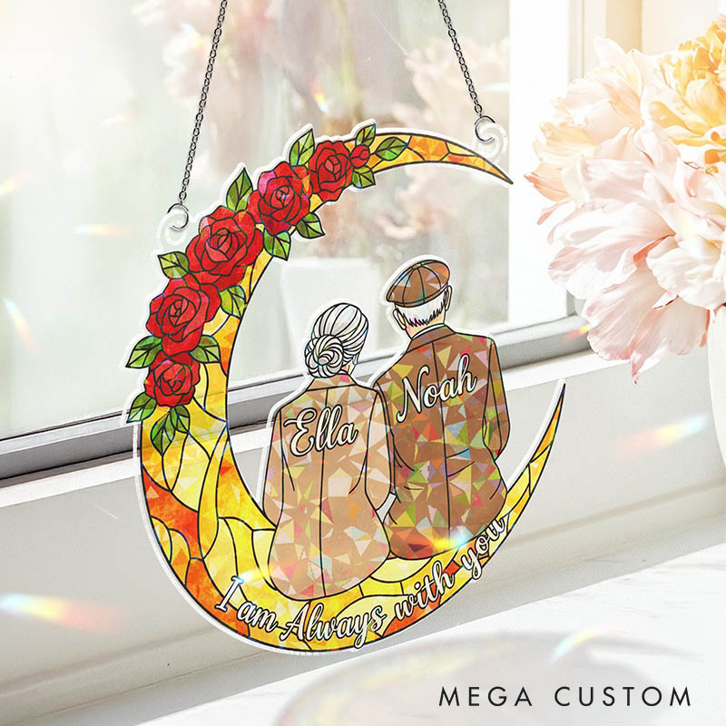 Personalized Elderly Couple Love To The Moon and Back Suncatcher Custom Moon Shaped Floral Style Window Decor Anniversary Gift Valentines Day Gift