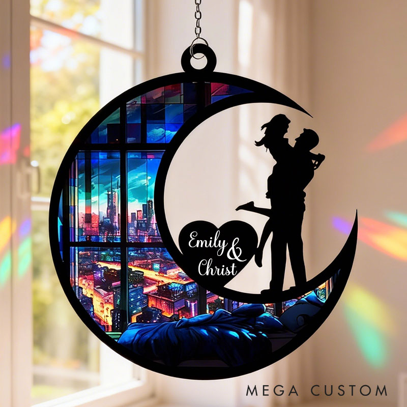 Personalized Couple Silhouette Love To The Moon and Back Suncatcher Custom Moon Shaped Window Decor Anniversary Gift Valentines Day Gift for Him Her