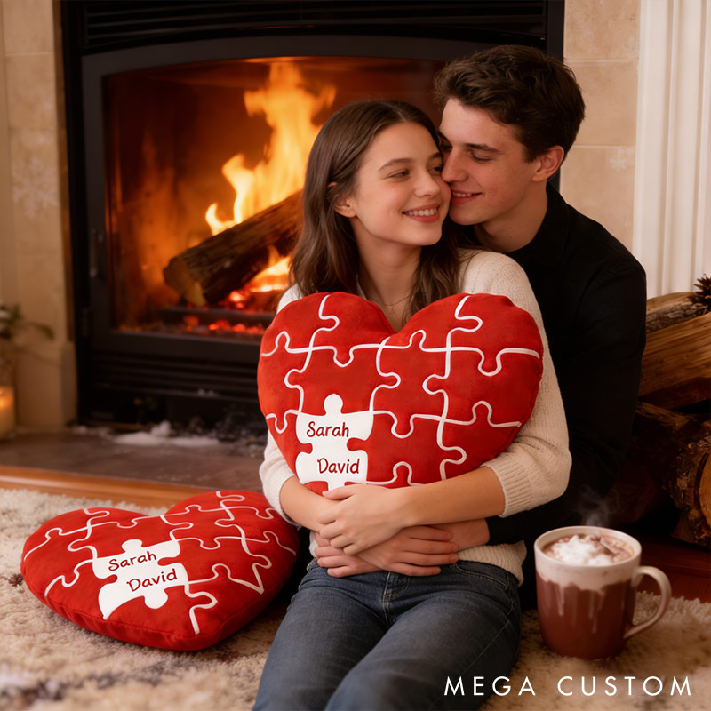 Personalized Missing Piece Heart Throw Pillow Custom Names Couple Home Pillow Romantic Valentine's Day Gift for Girlfriend for Wife Friend