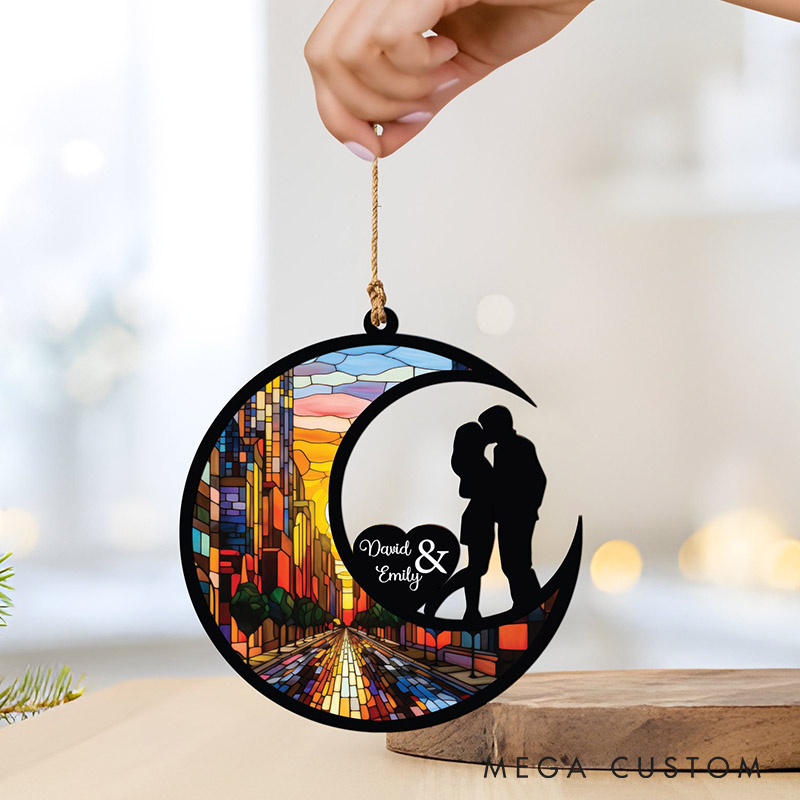 Personalized Couple Kissing Silhouette Love To The Moon and Back Suncatcher Custom Moon Shaped Window Decor Anniversary Gift Valentines Day Gift