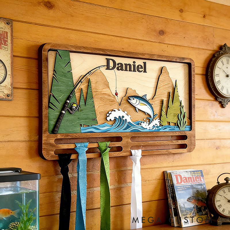 Personalized Fishing Themed Wooden Medal & Hat Rack - Custom Name Wall Decor for Anglers