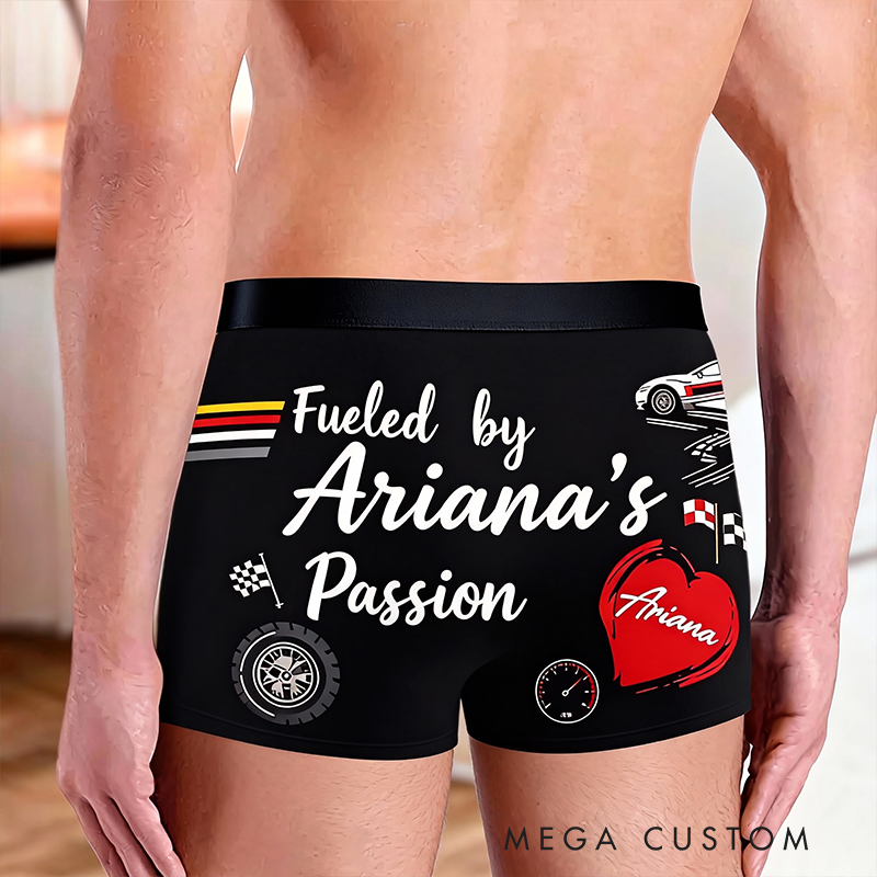 Personalized Fueled by [Name]s Passion Boxer Briefs Custom Name Valentine Gift for Husband or Boyfriend Race Car Lovers