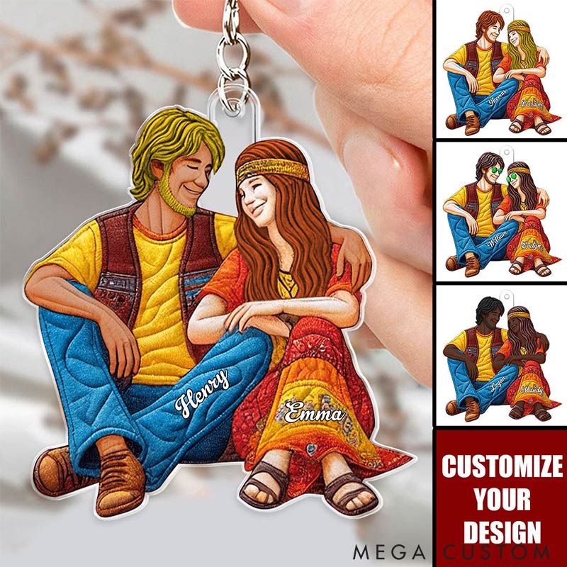 Personalized Hippie Couple Keychain Custom Features Names Keychain Romantic Gift for Valentine's Day Gift for Couple For Him Her