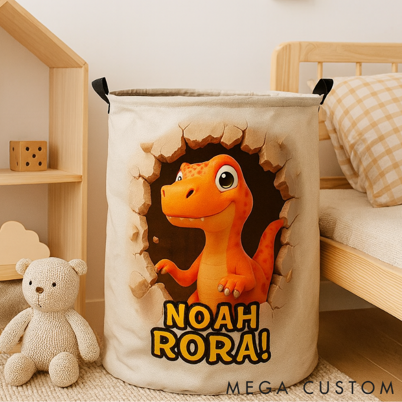 Personalized Dino Blast Adventure Theme Large Waterproof Laundry Hamper with Handle Custom Name Embroidery Kids Holiday Gift