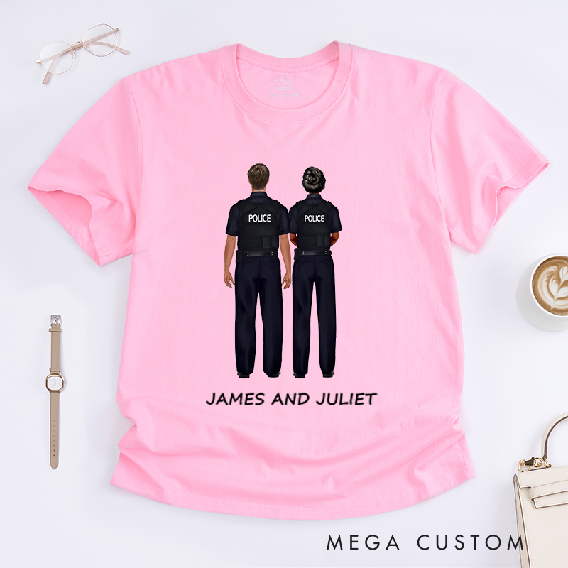 Personalized Police Couple Illustration Design Gift for Wife Police Officer T-Shirt