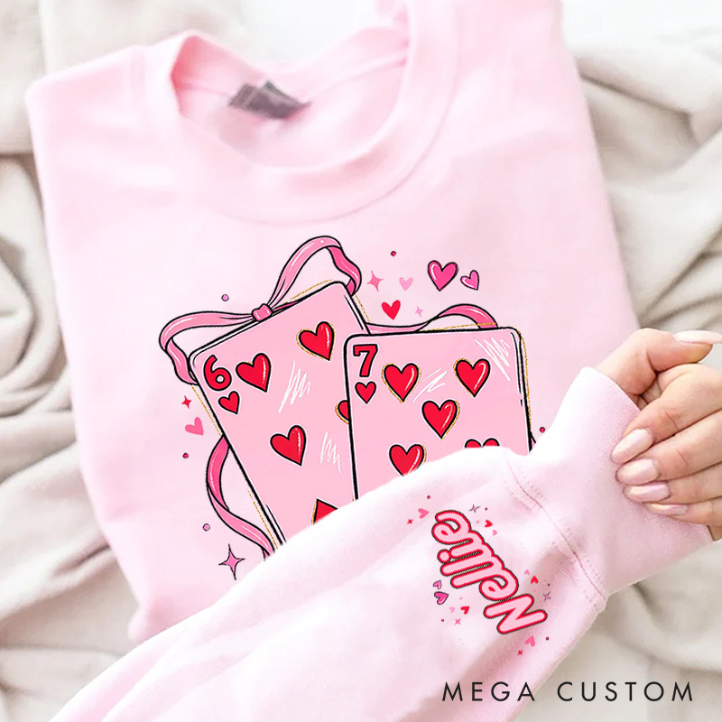 Personalized Girlfriend Wife Playing Cards Bow Tie 67 Sweatshirt with Name Couple Funny Coquette 6 7 Number Meme Matching Valentines Day Sweatshirt