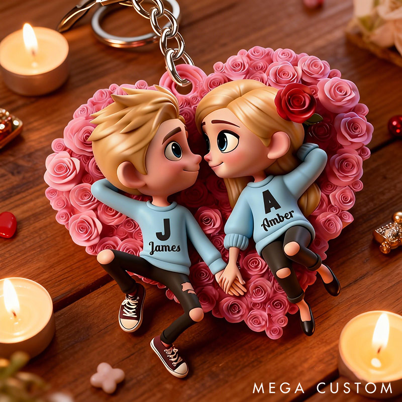 Personalized Couple Rose Heart Keychain Custom Features Initial Names Keychain Romantic Gift for Valentine's Day Gift for Couple For Him Her