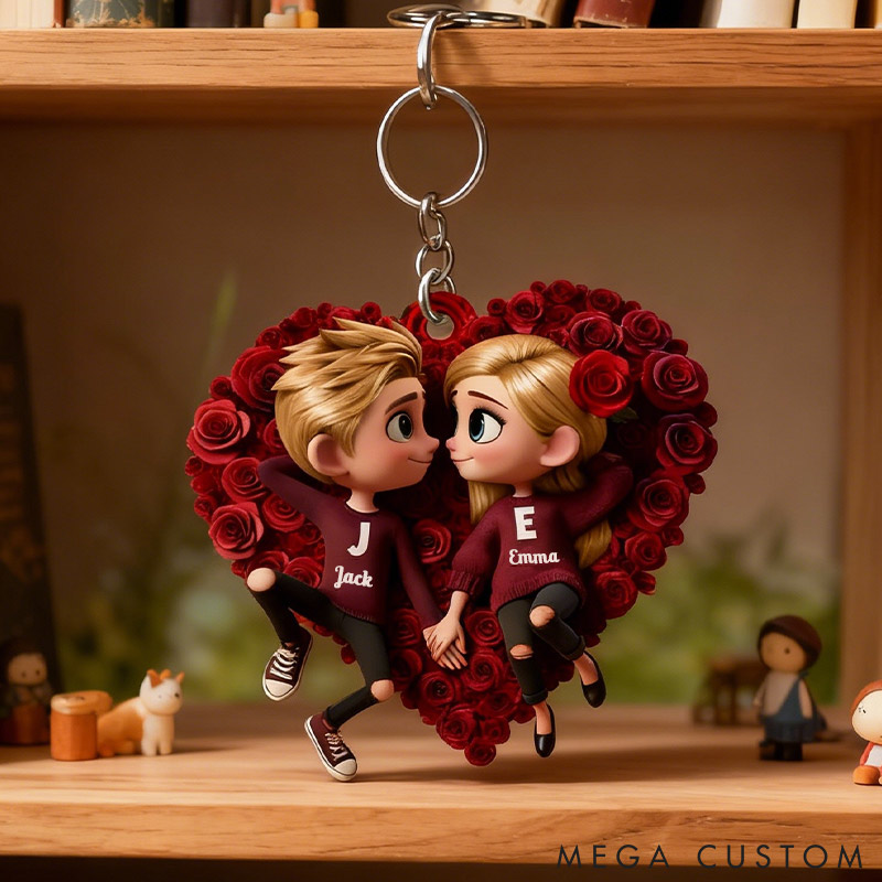 Personalized Couple Rose Heart Keychain Custom Features Initial Names Keychain Romantic Gift for Valentine's Day Gift for Couple For Him Her