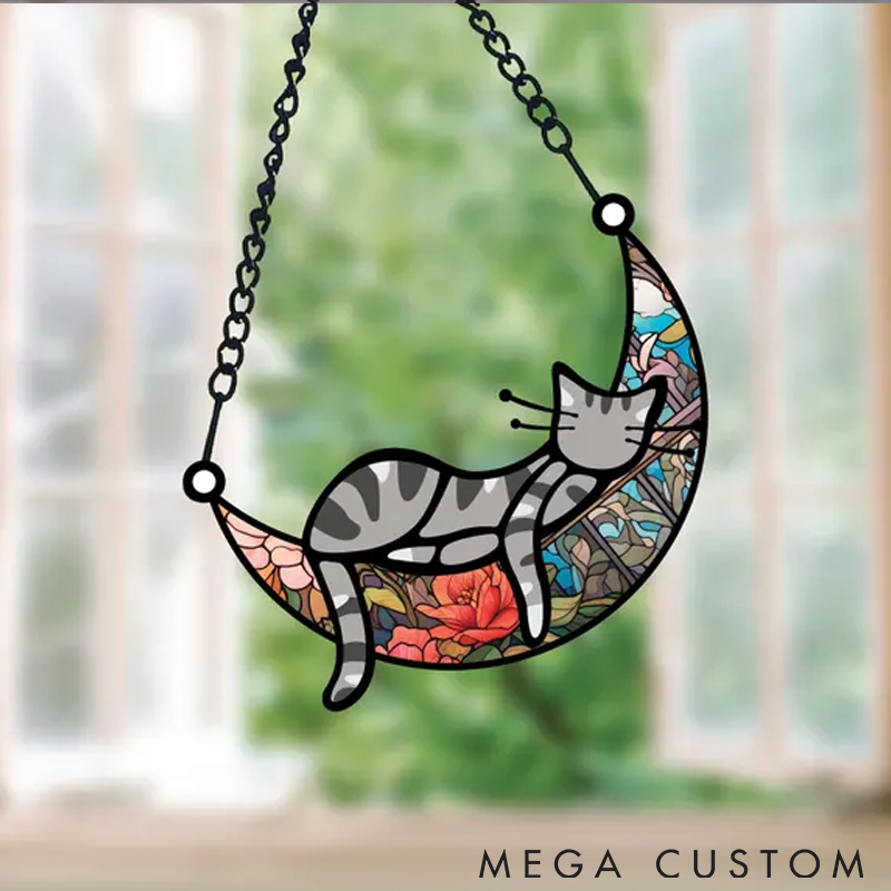 Personalized Cat Lover Sleeping Cat on Moon Sun Catcher
