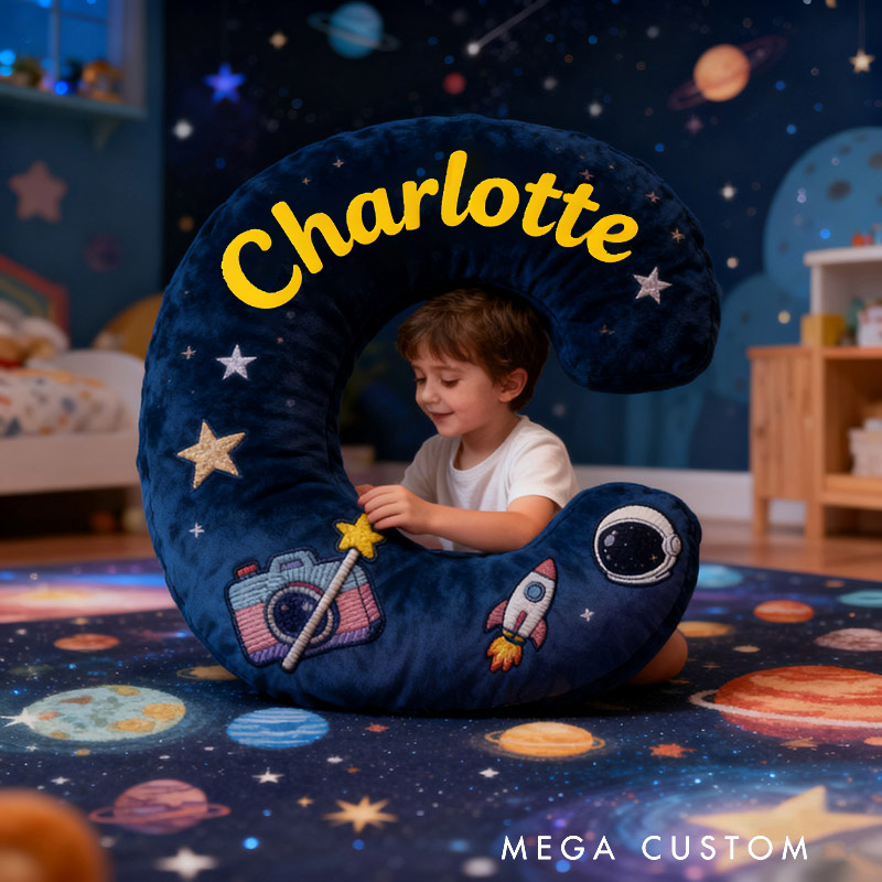 Personalized Graphic 3D Print Camera Planet Letter Pillow with Your Own Name and Initials Soft Stuffed Toy for Kids Unique Decorative Cushion for Boys' Room