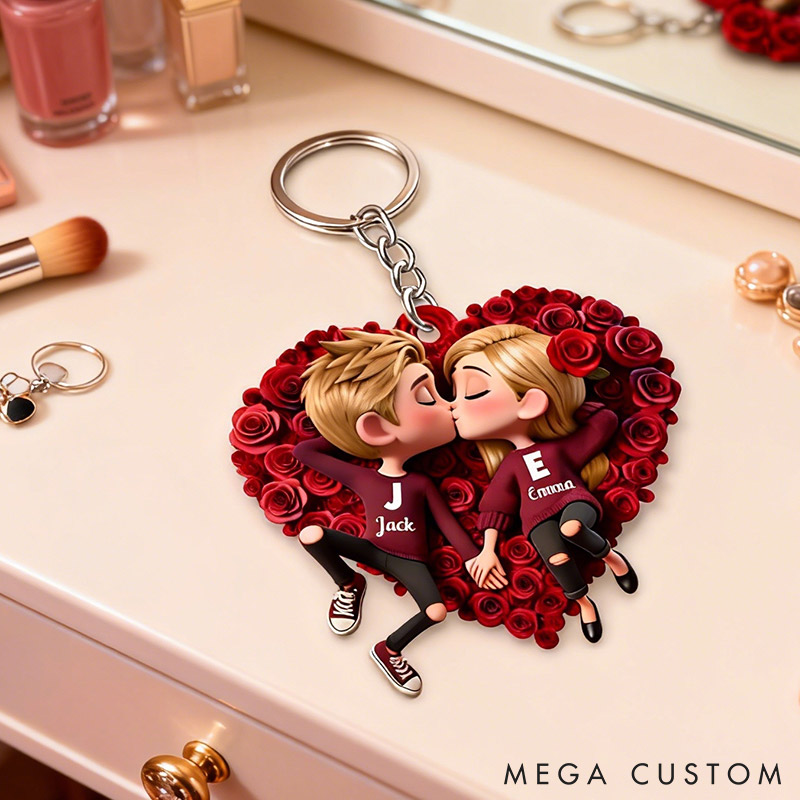 Personalized Couple Rose Heart Keychain Custom Features Initial Names Keychain Romantic Gift for Valentine's Day Gift for Couple For Him Her