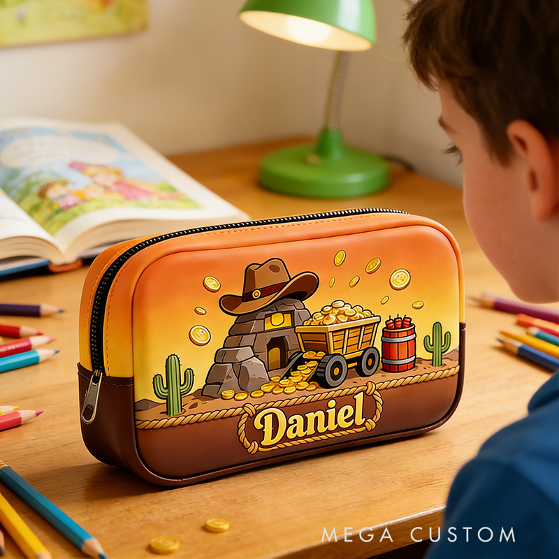 Personalized Cowboy Mining Pencil Case – Custom Name with Gold Mine & Cactus Design