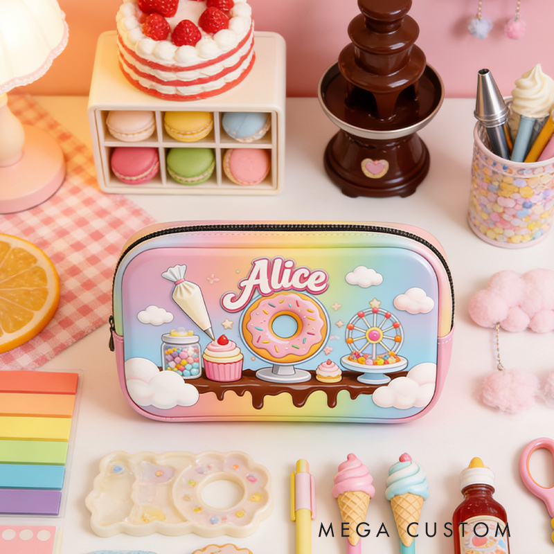 Personalized Pastel Dessert Carnival Pencil Case – Custom name with Donut Ferris Wheel & Cupcakes