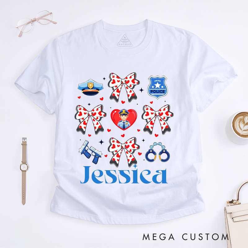 Personalized Police Themed Bow and Badge Design Gift for Wife Policewoman Police Officer T-Shirt