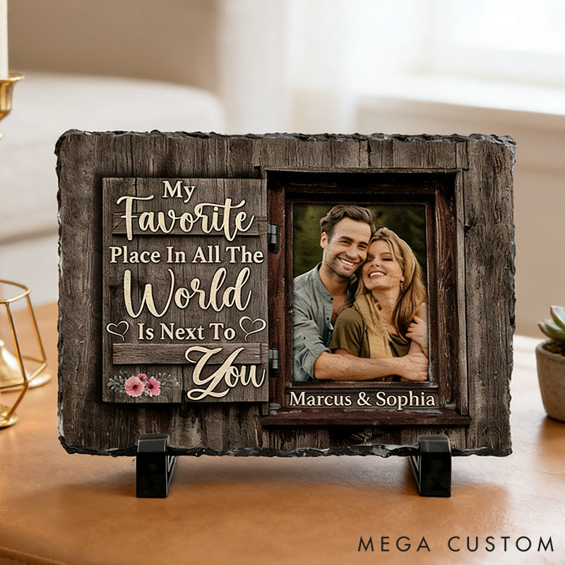Personalized Couple Photo My Favorite Place in All the World is Next To You Rectangle Shaped Stone with Stand Anniversary Gift Valentines Day Gift