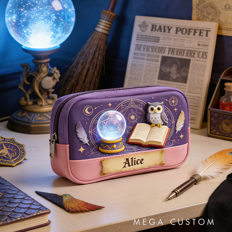 Personalized Mystical Owl Magic Pencil Case – Personalized with Crystal Ball & Spellbook Design