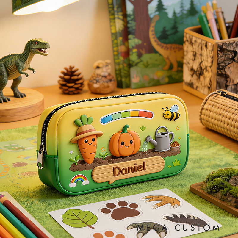 Personalized Cheerful Garden Pencil Case – Custom name with Smiling Carrot, Pumpkin & Rainbow