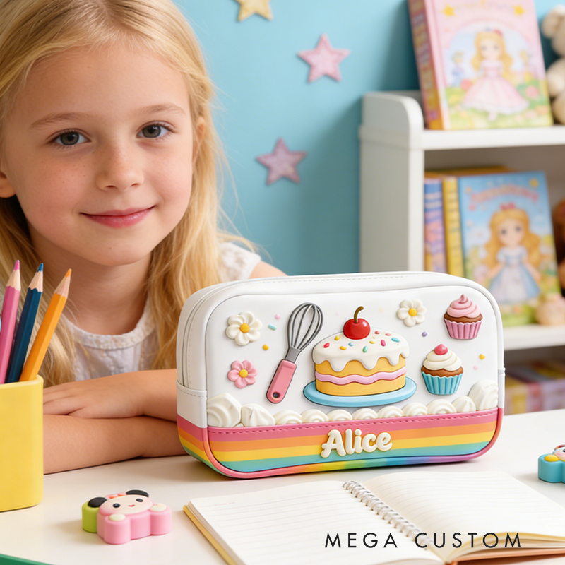 Personalized Sweet Celebration Pencil Case – Custom with 3D Cake, Cupcakes & Rainbow Trim