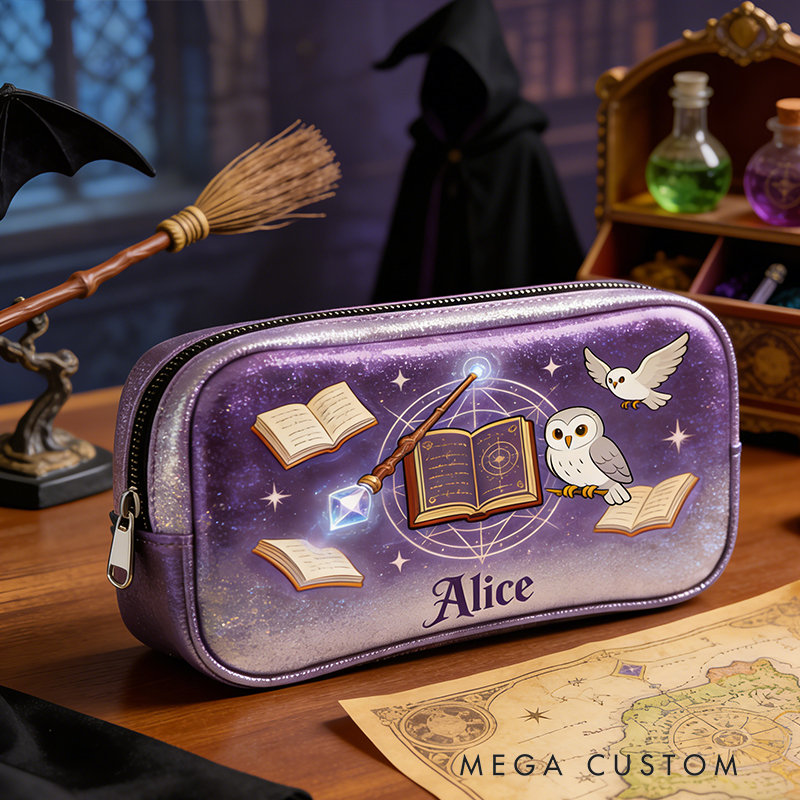 Personalized Wizard’s Library Pencil Case – Personalized with Floating Books, Owl & Crystal