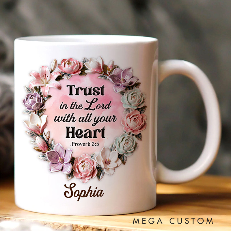 Personalized Trust in the Lord with all Your Heart Ceramic Mug with Custom Name Bible Verse Coffee Cup Valentine Gift for Women