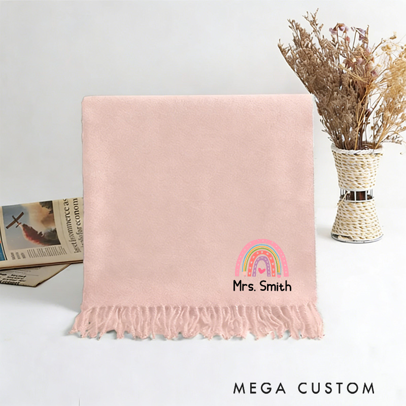 Personalized Teacher Scarf Custom Name Embroidered Rainbow Shawl Gift for Teacher Girlfriend or Women Solid Color Winter Wrap