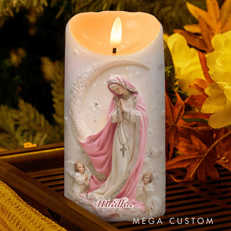 Personalized Soft Light Sacred Night Virgin Mary Flameless LED Candle with Name Catholic Gift Religious Decor Prayer Faith Gift
