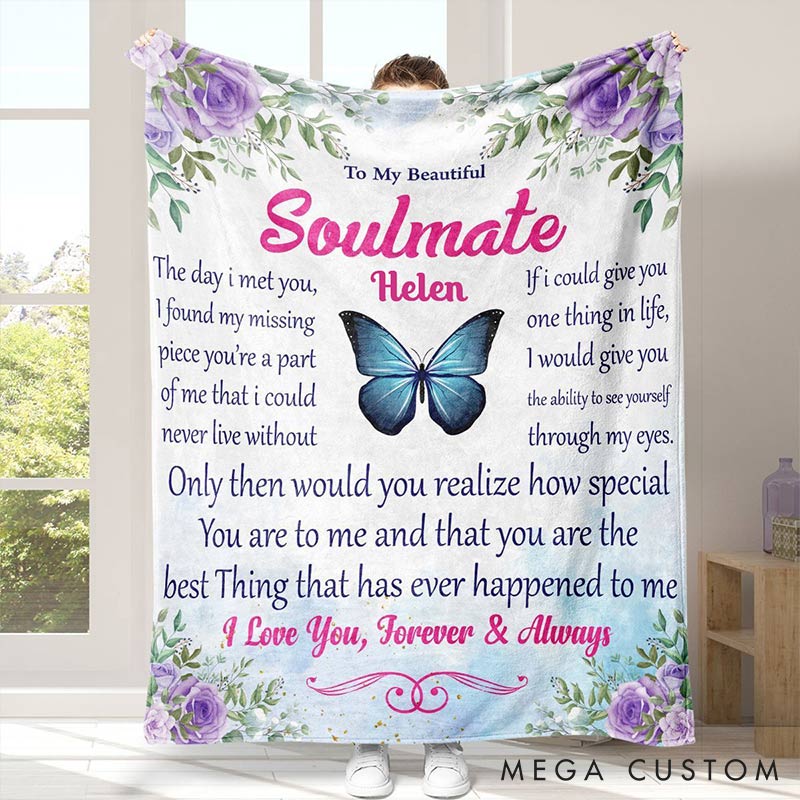 Personalized To My Beautiful Soulmate Couple Blanket Custom Names Cozy Gifts for Couple for Wife Husband Valentine's Gifts for Girlfriend boyfriend