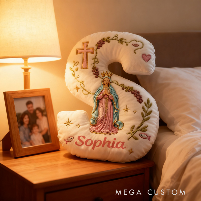 Personalized Cross Virgin Mary Letter Pillow with Custom Name Home Decor Graphic 3D Print Pillow Religious Faith Gift Catholic Gift