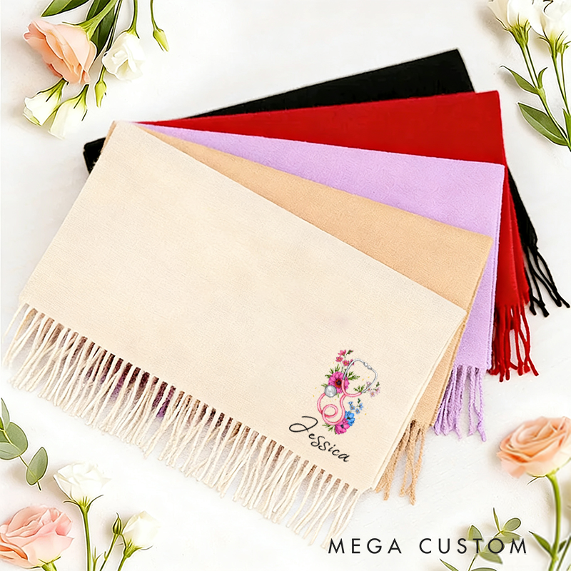 Personalized Nurse Scarf Custom Name Stethoscope Floral Embroidered Shawl Gift for Nurse Girlfriend or Women Solid Color Winter Wrap