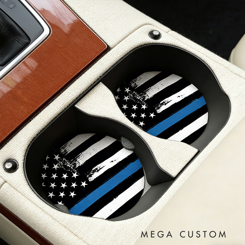 Personalized Custom Police Thin Blue Line Car Coasters – Personalized American Flag Auto Cup Holders (Set of 2)