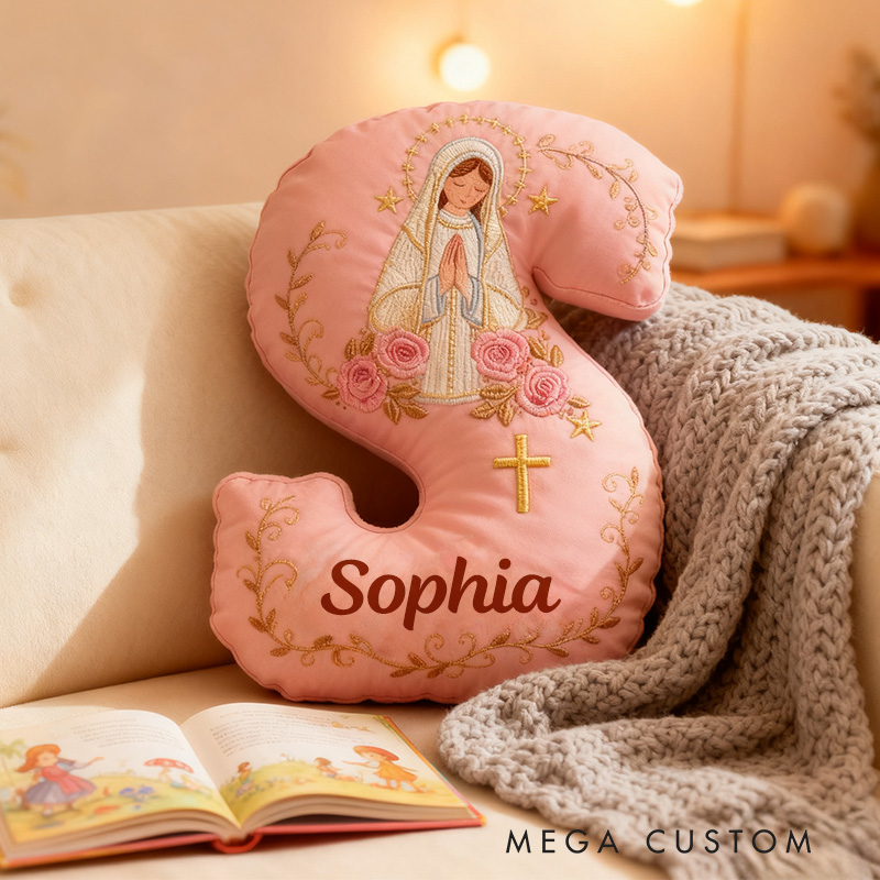 Personalized Virgin Mary Pink Letter Pillow with Custom Name Catholic Home Decor Religious Gift for Her Catholic Gift for Women Graphic 3D Print Pillow