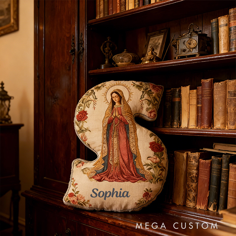 Personalized Our Lady of Guadalupe Rose Floral Graphic 3D Print Letter Pillow with Custom Name Religious Home Decor Catholic Gift for Women