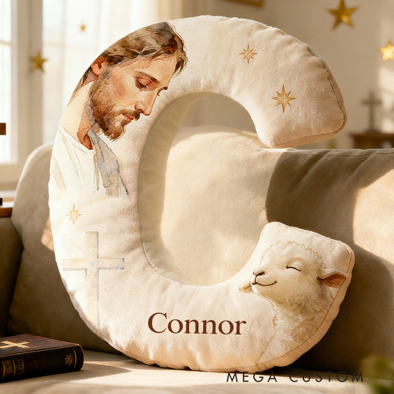 Personalized Jesus Lamb Letter Pillow with Custom Name Religious Home Decor Graphic 3D Print Pillow Christian Gift Faith Gift 