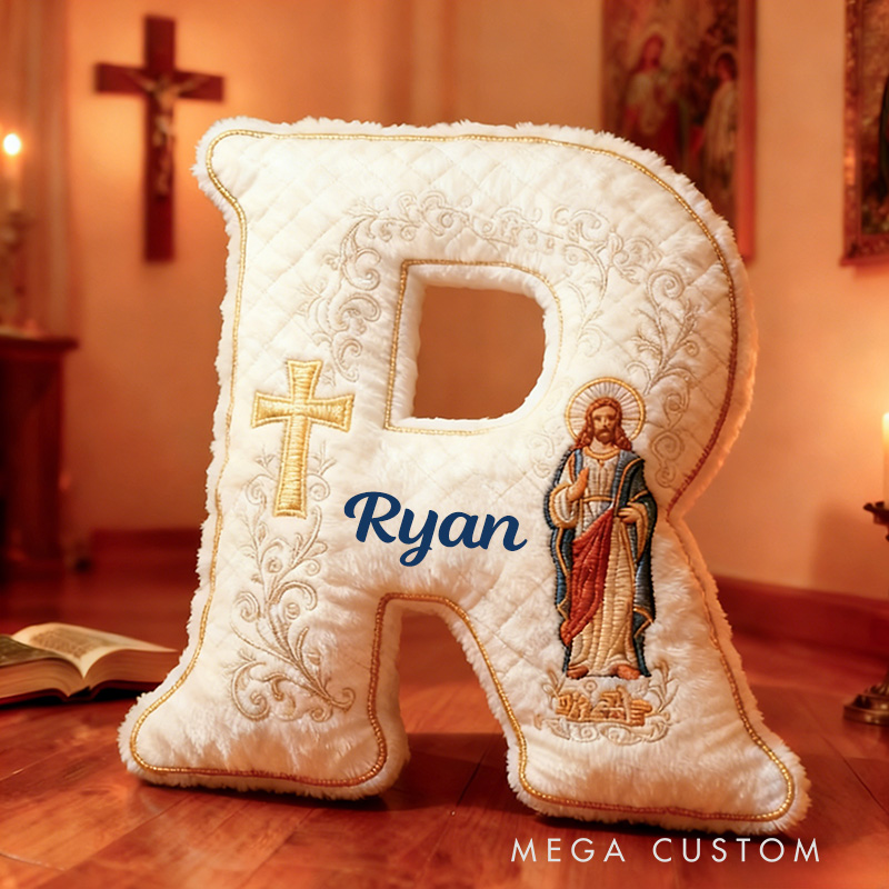 Personalized Jesus Cross Letter Pillow with Custom Name Home Decor Graphic 3D Print Pillow Religious Faith Gift for Christians Jesus Lover Gift