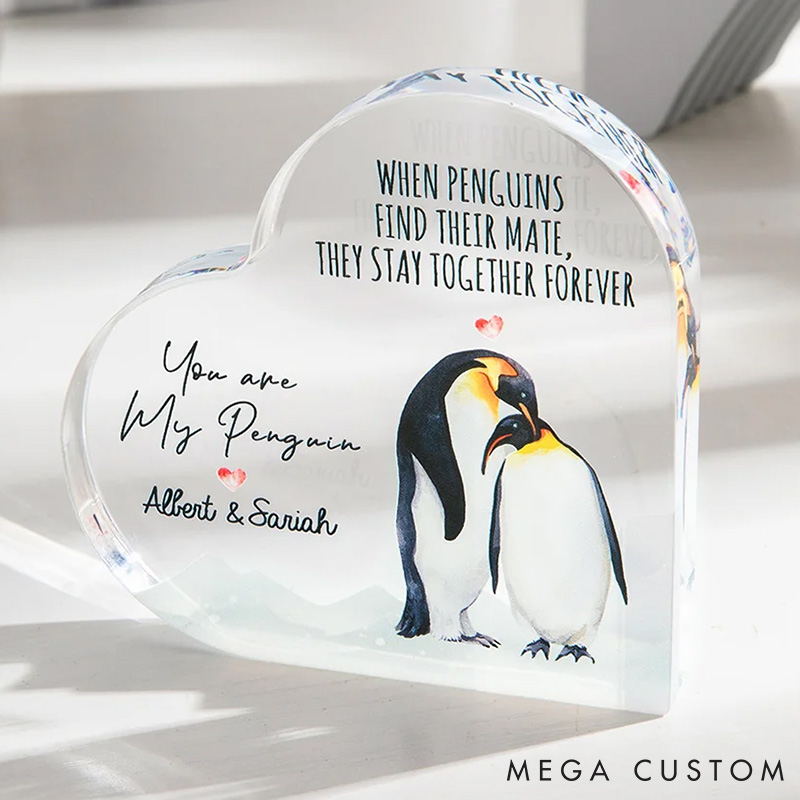 Personalized Couple You're My Penguin Heart Shaped Acrylic Plaque with Custom Name Anniversary Gift Valentines Day Gift for Girlfriend Boyfriend