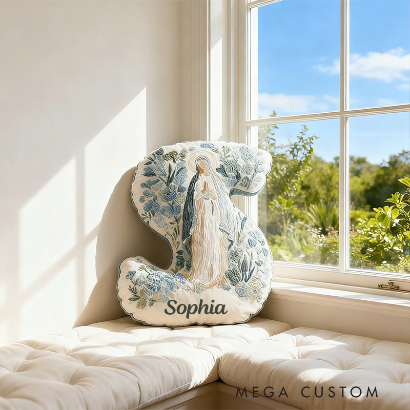 Personalized Blessed Mother of God Floral Virgin Mary Graphic 3D Print Letter Pillow with Custom Name Faith Home Decor Catholic Gift for Women