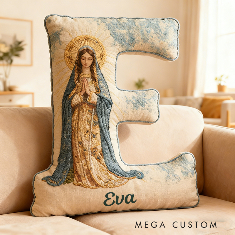 Personalized Virgin Mary Blue Letter Pillow with Custom Name Religious Home Decor Catholic Gift for Her Prayer Faith Gift Graphic 3D Print Pillow