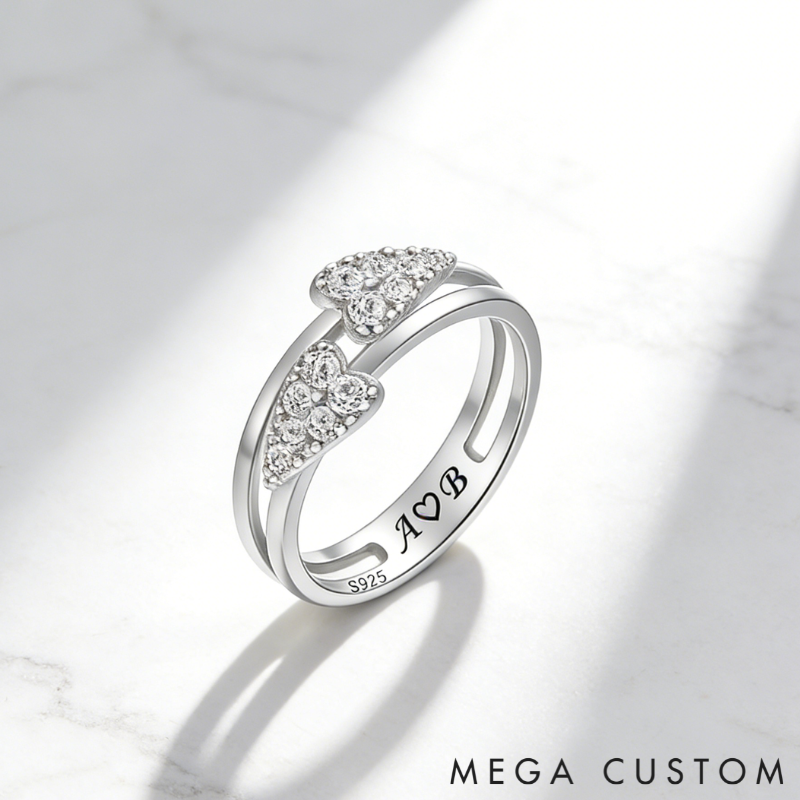 Personalized Sterling Silver Double Heart Ring – Custom Initials, Name, and Birthstone Romantic Jewelry